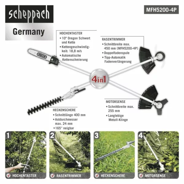 Outil de jardin multifonction 4 en 1 Scheppach essence MFH5200-4P-Neuf – Image 6